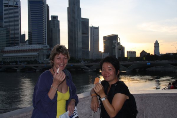 C & Shelley tucking into an ice cream by the Bay, Singapore