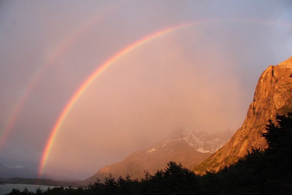 Double rainbow sunrise at Los Cuernos, Torres del Paine