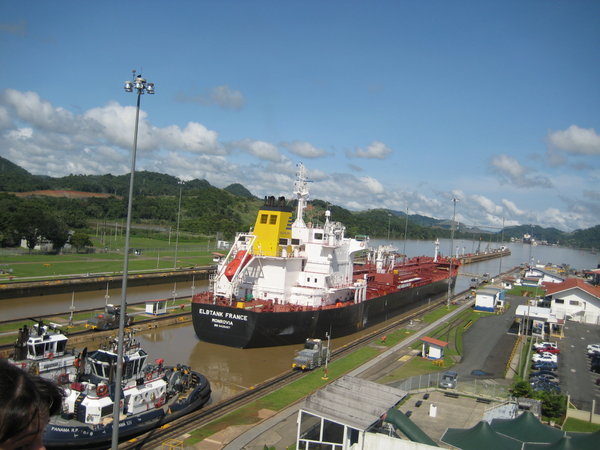 Ship coming through the locks of the Panama Canal