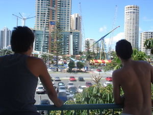 Evan and Adrian Looking out from Adrian's Friend's hotel