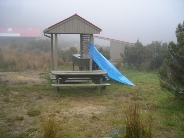 Perry Saddle Hut in the clouds