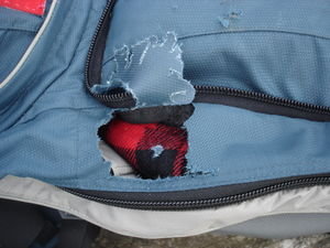 The hole in Chris' Pack caused by a Weka