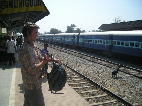 Chris on arrival at Muniguda station
