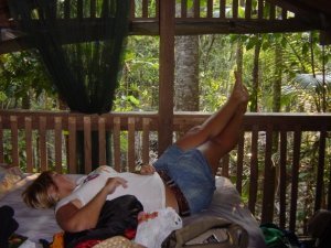 Theresa chilling in our hut in the platypus bush camp
