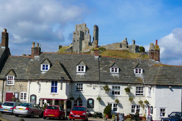 Corfe Castle above the town