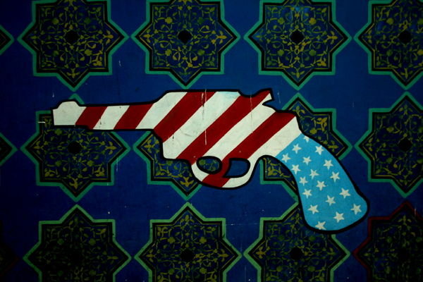 One of the murals on the wall of the Den of Spies in Tehran