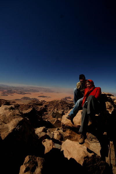 Jane & me atop Mt Ha'ash, looking out over Wadi Rum (with Saudi Arabia in the background)