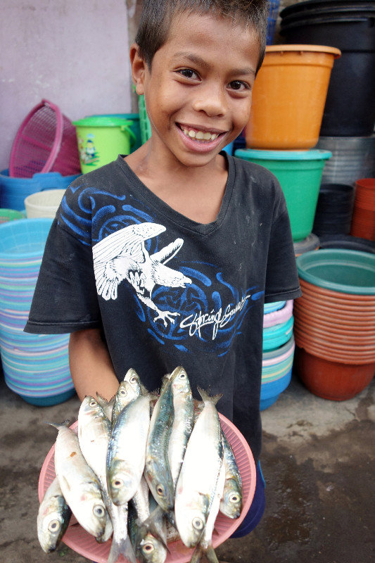 Boy flogging fish at the markets in Ende