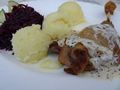 duck leg with red cabbage and mash