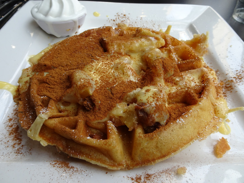 waffle with apple crumble and hot custard 