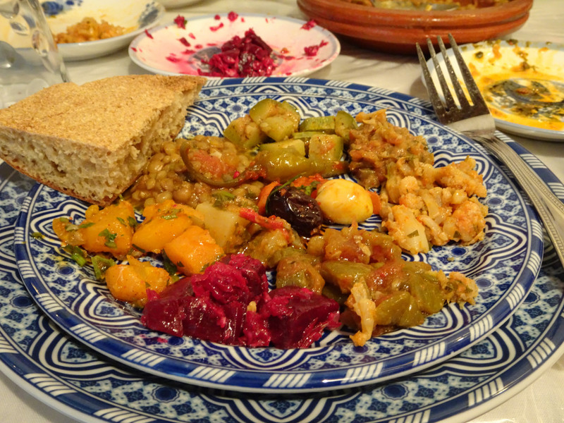 khobz bread and cooked moroccan salads
