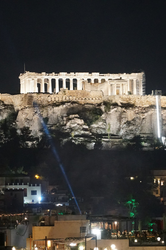 night view of parthenon from hotel rooftop