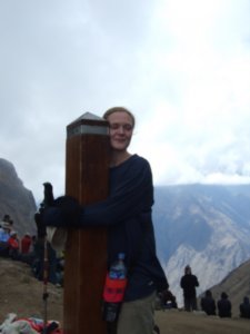 Hugging the post that marks the top of ´Dead Woman´s Pass´ 4200 metres
