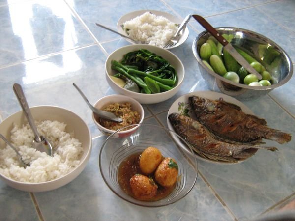 Traditional Thai breakfast. notice the famous Thai fish dip Nam Prik in the middle - married with rice tastes awesome