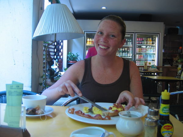 Lou eating brekkie at our Guest House  - Siam GH