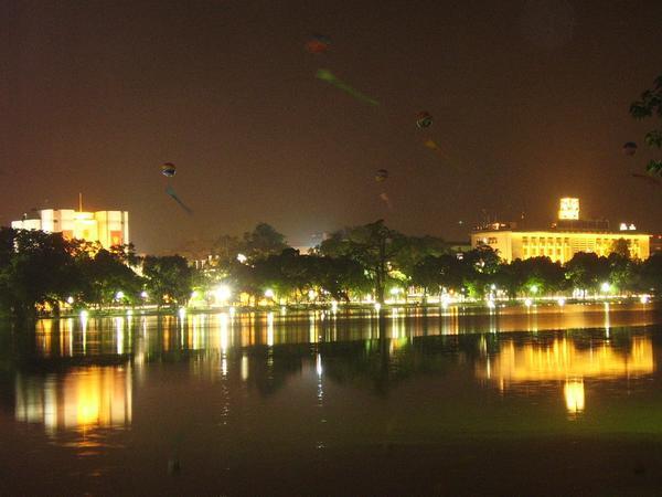 The view over Hoan Kiem Lake, Hanoi at night