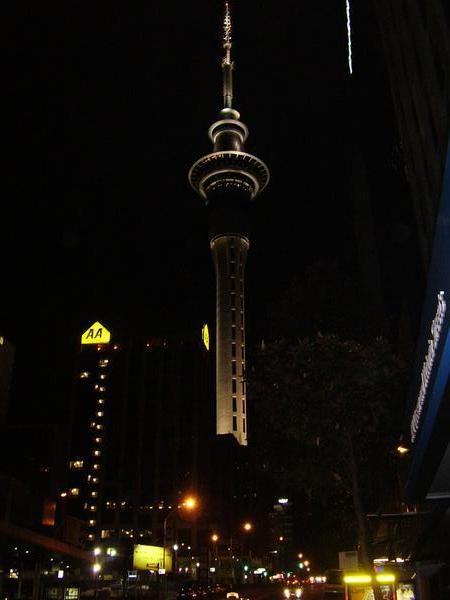 The auckland sky tower at night