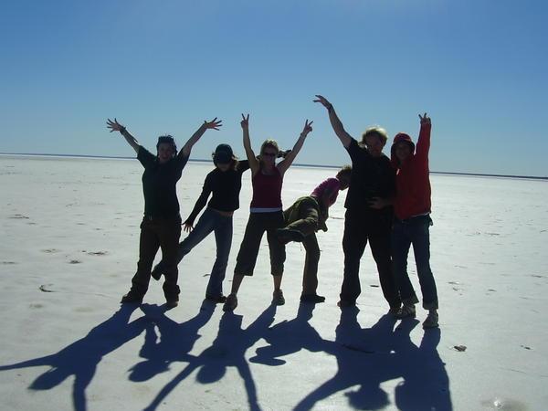 The group standing on Lake Hart........its a salt lake and is nowhere near the laqrgest one in south australia and it was huge!