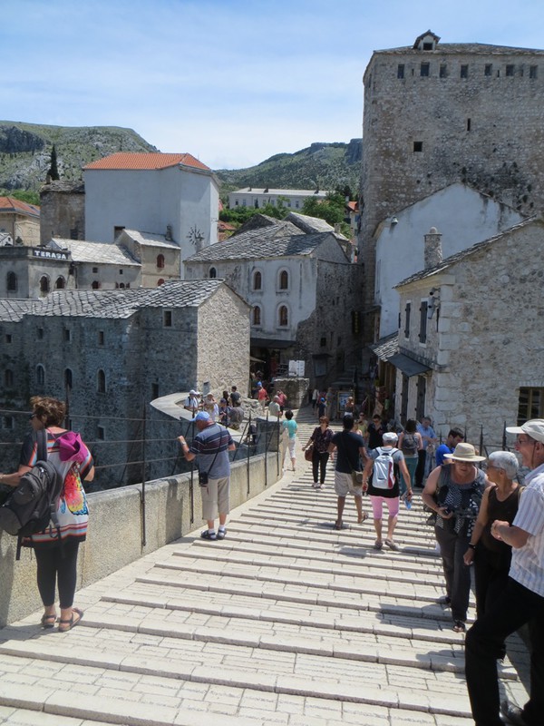 crossing the old bridge at Mostar