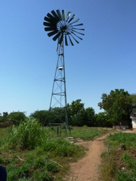 A windmill pumping groundwater for irrigation. 