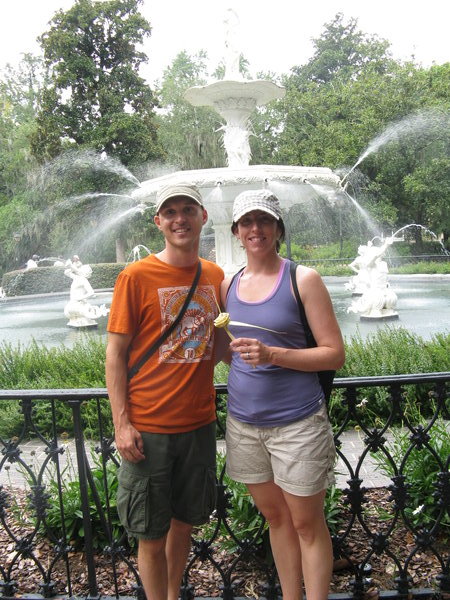Jack and Jackie in front of Forsyth Park fountain