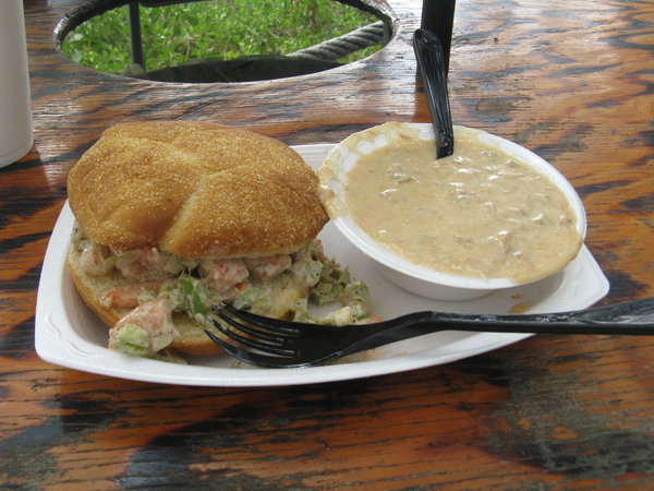Shrimp salad sandwich and crab stew