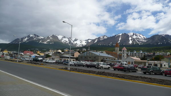 Ushuaia with snow covered Mountains Behind