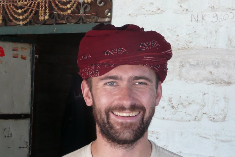 Mike tries on a turban