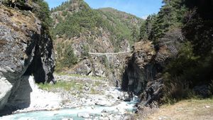 A rickety suspension bridge in the Khumbu valley