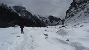 Negotiating the Cholatse Glacier after crossing the Cho La Pass