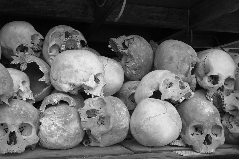 A collection of the shattered skulls piled up at the Genocide memorial