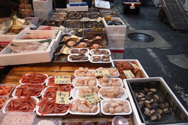 Selection of seafood available at Tsukiji Fish Market