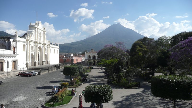Volcan Agua dominates the skyline over the central square of Antigua