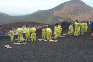 Getting suited up before volcano boarding