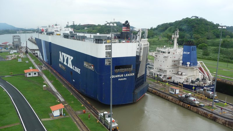 A car transportation tanker just about fits through Miraflores locks