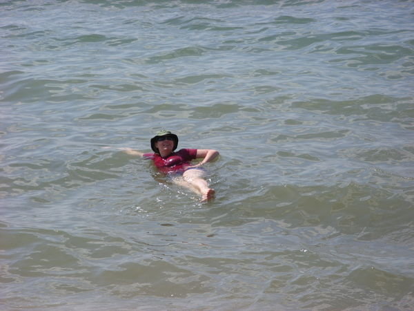Leah bobbing around on the Dead Sea