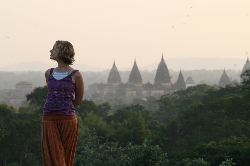 Anny and Temples of Orchha at sunrise