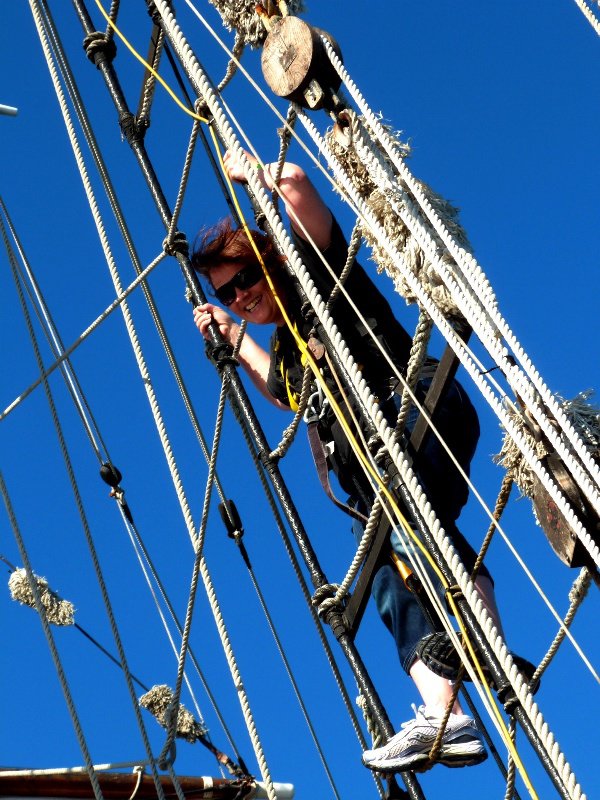 Jo - the only one brave enough to climb up the mast.  And she's still smiling!