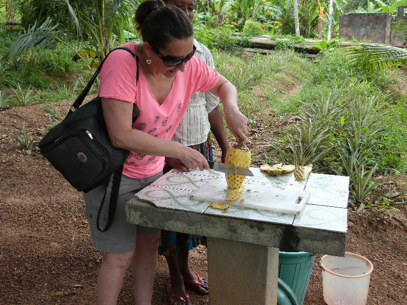 Chopping up pineapple, not heavy supervision