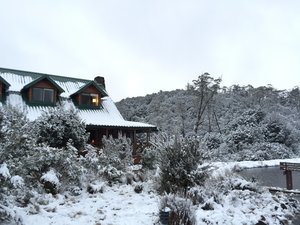 The lodge and the lake when it started snowing