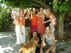 Keris & Gaia, Lis on orange top the lovely yoga teacher, dear Charlotte next to her, my friend Varun with Freko the dog.