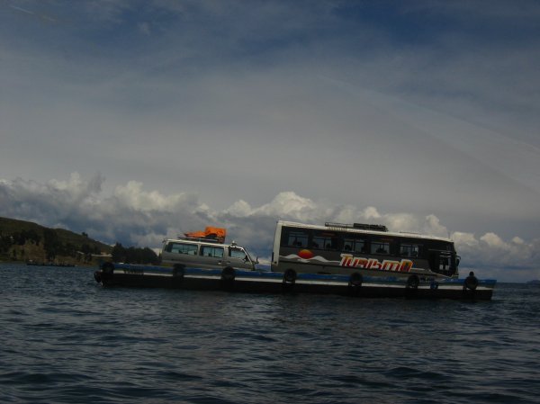 the tour bus crossing lake Titicaca and amazingly staying afloat