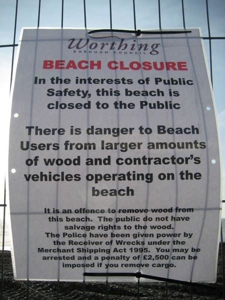 Warning to beach goers. Worthing, Sussex
