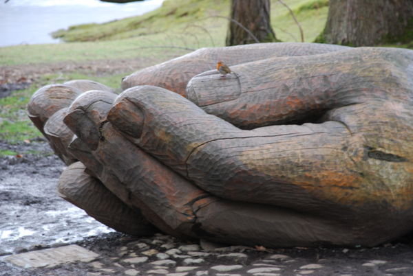 Hand sculpture with robin. Derwent Water, Cumbria