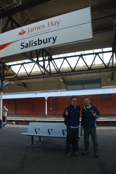Steve and Malcolm ready for the 28 mile challenge! Salisbury station, Wiltshire