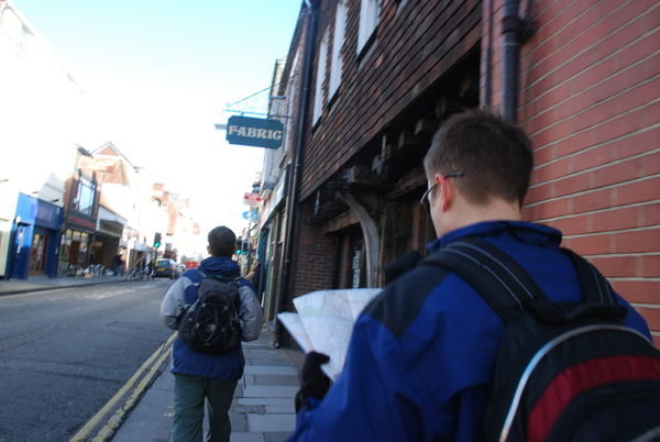 Trying to find our way out of Salisbury city centre.