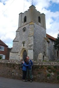 Lav and Steve outside St. Mary's Church. Broughton, Wiltshire