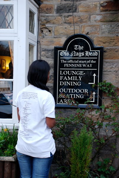 Lav reads the sign for the official start of the Pennine Way. Edale, Derbyshire