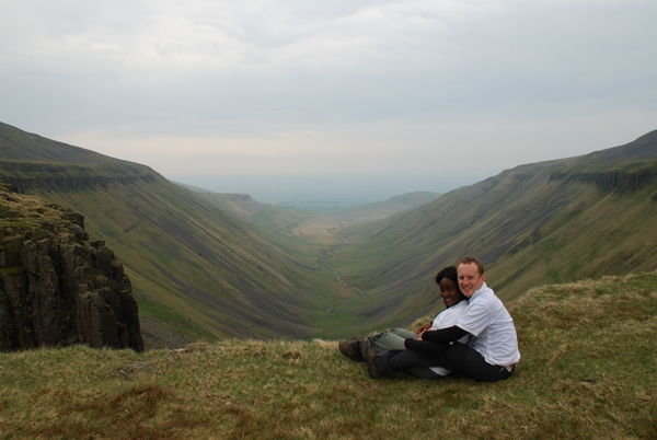 Lav and Steve letting the feet rest at High Cup Nick. Pennine Way, Cumbria