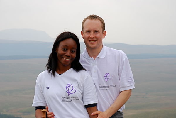 Lav and Steve proudly wearing their Ectopic Pregnancy Trust 'Hiking 429km the Long Way Up' t-shirts. Pennine Way, Yorkshire